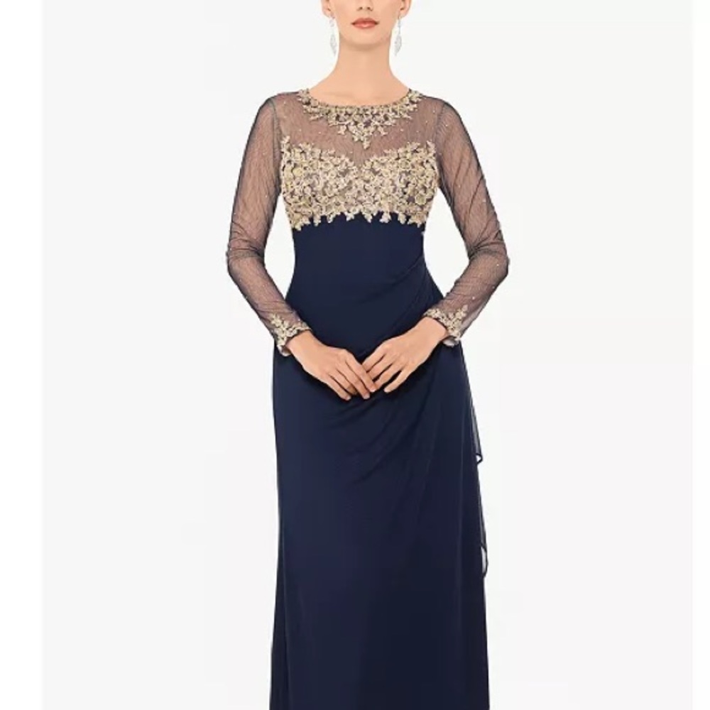 XSCAPE Dress Petite Embellished Illusion-Bodice Ruched Gown
